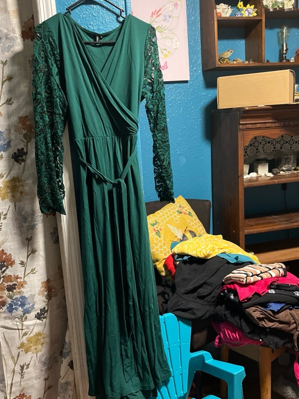Candie's Emerald Green Lace-Sleeve Wrap Maxi Dress